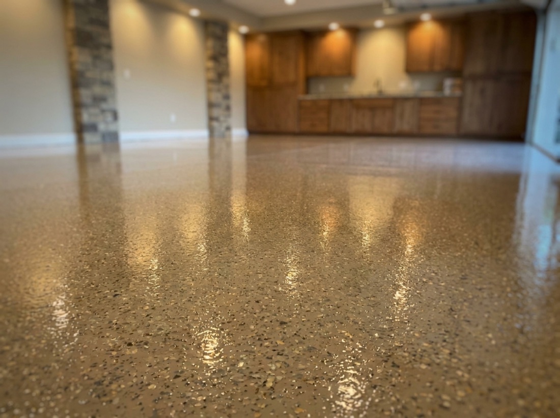 Finished high-gloss custom flake epoxy coating